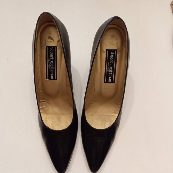 STUART WEITZMAN Black LEATHER Pumps 9 AAA VTG Hexagon High Heel Stiletto Shoes - Picture 5 of 14
